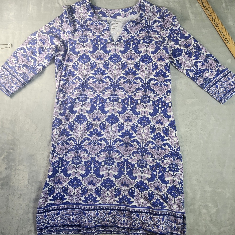 Coolibar Womens Oceanside Tunic Dress M‎ Purple Blue Paisley UPF 50 3/4 Sleeve